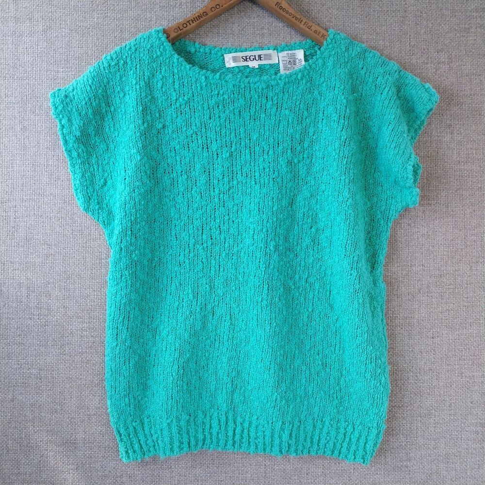 Vintage 80s Segue Short Sleeve Acrylic Knit Lovely Teal Green Sweater Size M